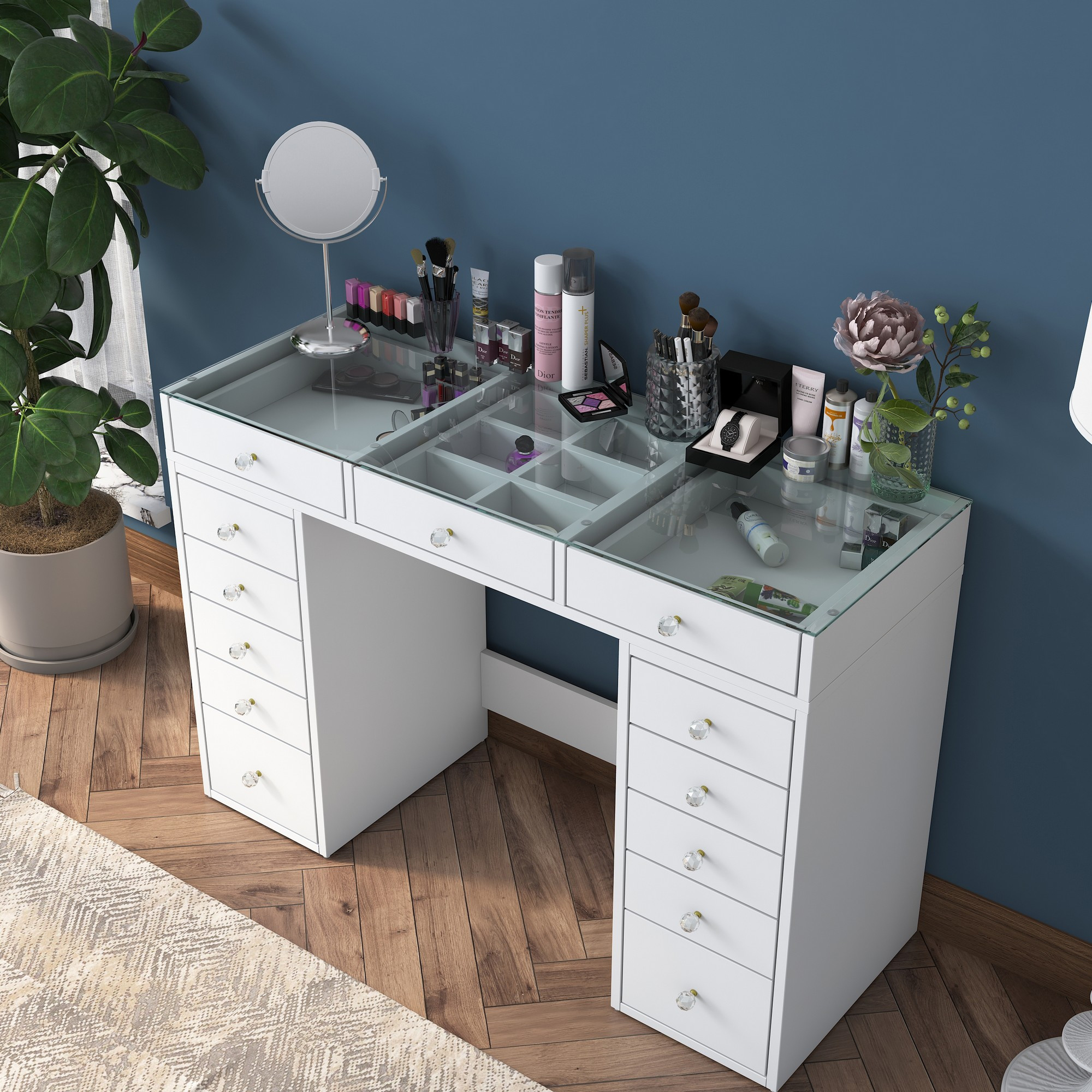 Coiffeuse moderne avec dessus Transparent Beline L120cm Blanc