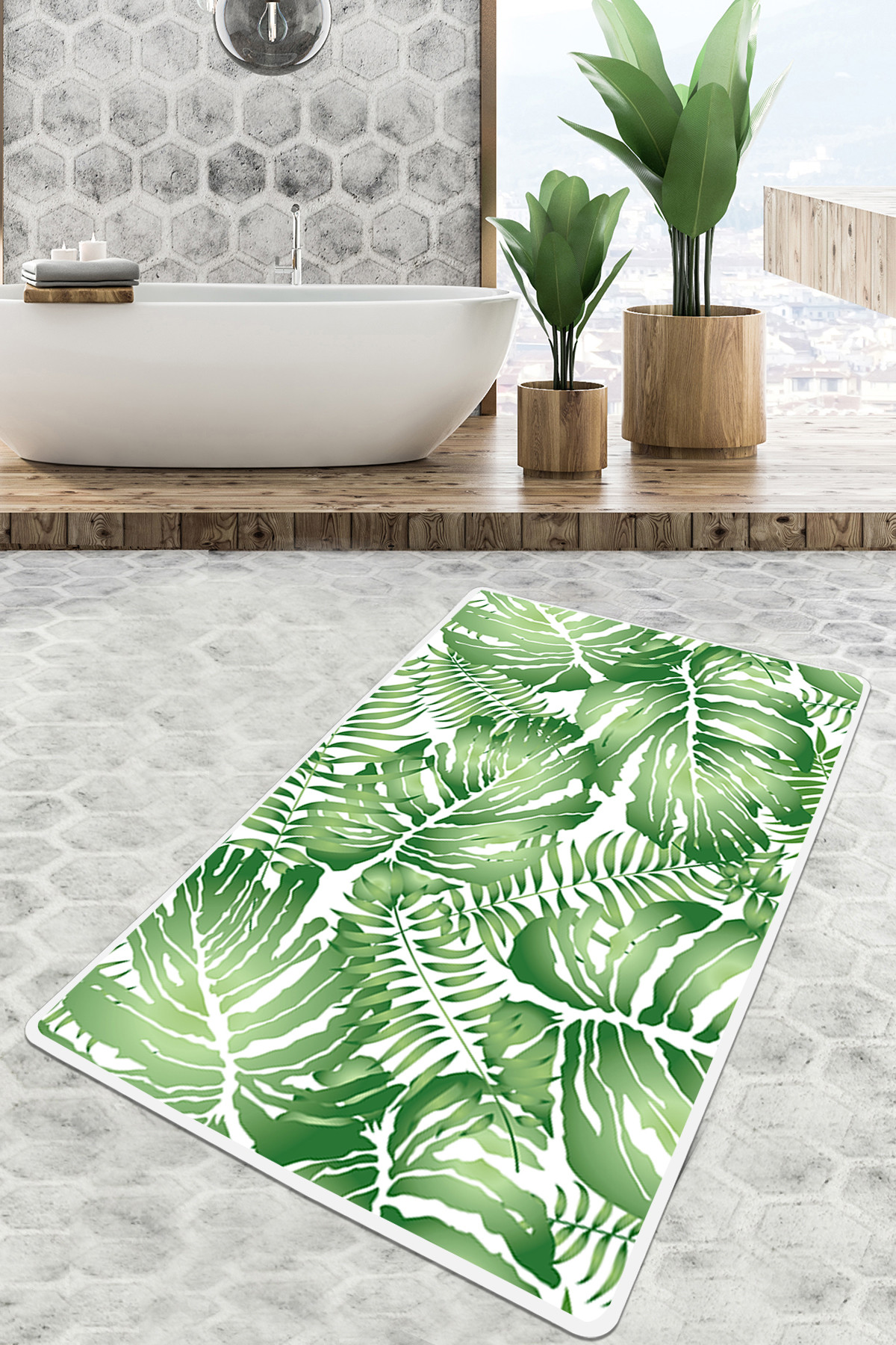 Tapis de salle de bain Foliacel 80x100cm Motif végétal Vert