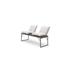 Banc de jardin 2 places style minimaliste avec coussins Sylano Métal Noir et Tissu toile Beige