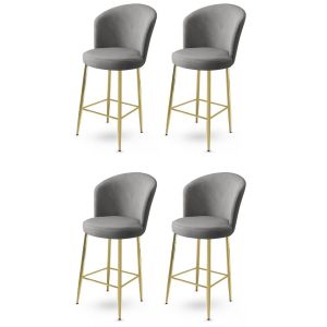 Lot de 4 chaises de bar Floranso Velours Gris et Métal Or