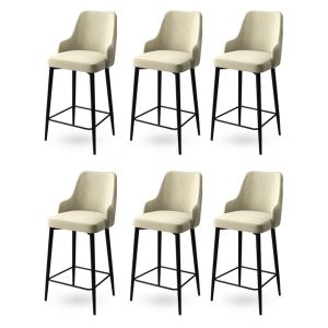 Lot de 6 chaises de bar Nairis Velours Crème et Métal Noir