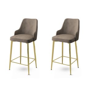 Lot de 2 chaises de bar Nairis Velours Cappuccino et Métal Or