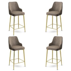 Lot de 4 chaises de bar Nairis Velours Cappuccino et Métal Or