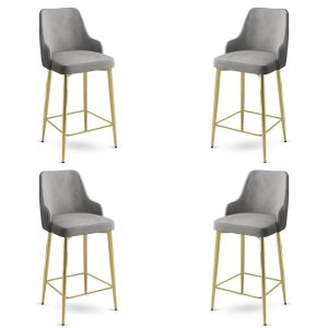 Lot de 4 chaises de bar Nairis Velours Gris et Métal Or