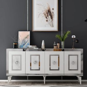 Buffet style art déco Karinox L150cm Blanc et Effet miroir Argent