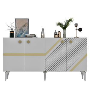 Buffet style art déco Ekizio L150cm Blanc et Effet miroir Or