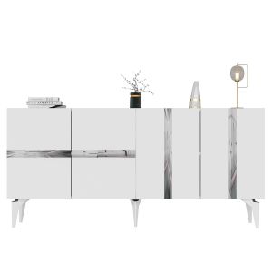 Buffet style art déco Vanda L150cm Blanc et Effet miroir Argent