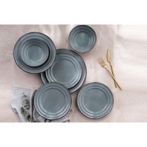 Service de table Refina 24 pièces 100% Porcelaine tachetée Bleu gris avec liseré Marron