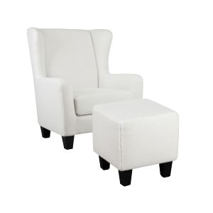 Fauteuil bergère avec tabouret Zahyl Tissu bouclette Blanc