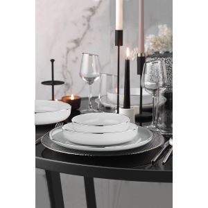 Service de table minimaliste 18 pièces Ameli 100% Porcelaine Blanc avec liseré Argent