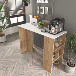 Table de bar avec rangement Pany L120cm Chene clair et Blanc