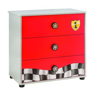 Commode pour enfant 3 tiroirs Racing L76xH74cm Bois Rouge , Noir et Blanc