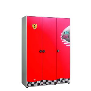 Armoire pour enfant 3 portes Racing L135xH198cm Bois Rouge , Noir et Blanc