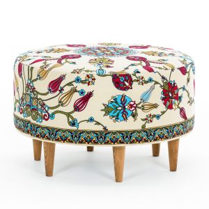 Tabouret rond Hitoro D65cm Velours Blanc crème Motif Florale Multicolore