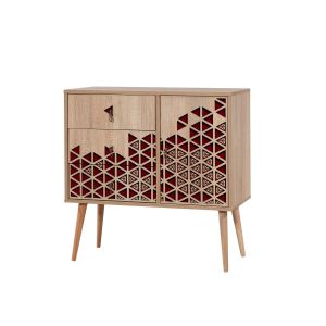 Commode 1 porte et 3 tiroirs Areva 90x90cm Motif Géométrique Bois Naturel et Bordeaux