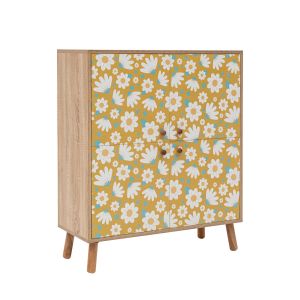 Commode Kaviny L95xH111cm Bois Motif Fleurs Blanc sur fond Jaune