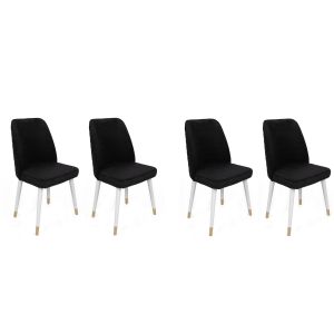 Lot de 4 chaises Vatri Velours Noir et Bois Blanc et Or