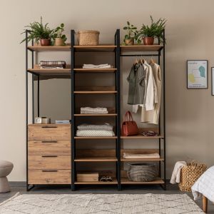 Armoire ouverte style dressing industriel Fodienda L192cm avec 4 tiroirs et miroir Bois clair