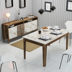 Ensemble buffet et table à manger Kaltes Bois et Blanc Effet marbre