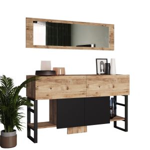 Ensemble buffet style industrielle Ournisse et miroir Wushi Métal Noir et Bois Naturel