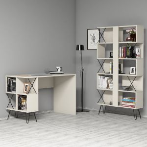 Ensemble bureau bibliothèque style industriel Officima Bois Blanc crème