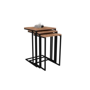 Ensemble de 3 tables basses gigognes Ineke Métal Noir et Bois Naturel