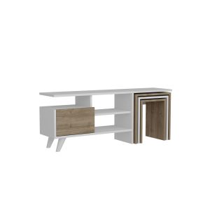 Ensemble meuble TV et 3 tables basses gigognes Brim Chêne clair et Blanc