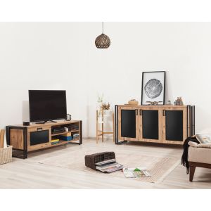 Ensemble meuble TV et buffet style industriel Brigit Métal Noir et Bois clair