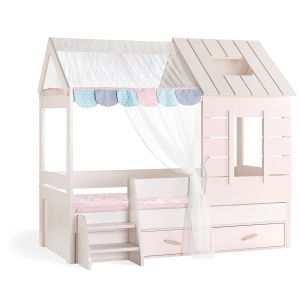 Lit cabane avec rangement pour enfant style maison Nandon 90x190cm Chêne clair et Rose