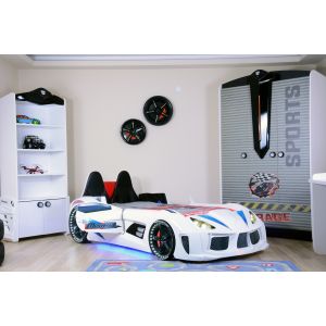 Lit voiture de course interactif pour enfant Currus Bois Blanc et LED Bleu et Blanc