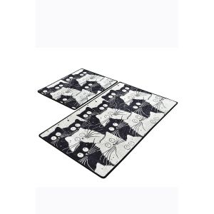 Set de 2 tapis de salle de bain Kittymia 60x100cm Motif chats Noir et Blanc