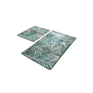 Lot de 2 tapis de salle de bain rectangles Daloa Velours Motif Feuillages Vert et Blanc