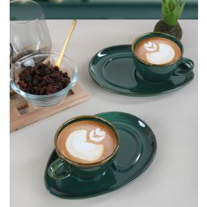 Lot de 2 tasses de café et sous tasses ovale Letitia 215ml Céramique Vert