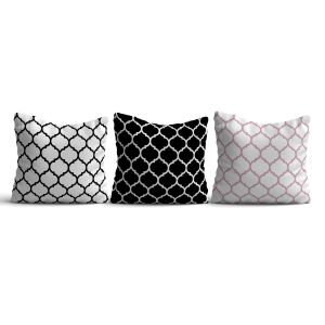 Lot de 3 coussins Awa 43x43cm Tissu Motif Marocaine Noir, Blanc et Rose