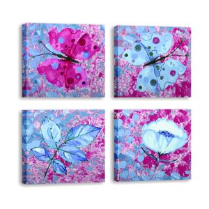 Lot de 4 tableaux Pictura L30xH30cm  Motif Papillon et fleurs Bleu et Fuchsia