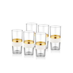 Lot de 6 verres haut Katie 225ml Verre Transparent avec bandes Blanc et Or