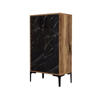 Meuble à chaussure Thidarr H111cm Bois foncé et Effet Marbre Noir