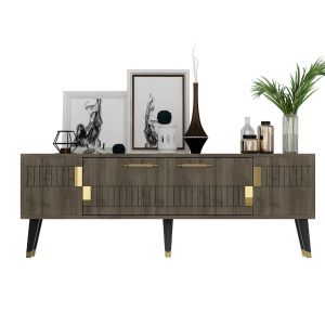 Meuble TV style scandinave Jasim 150cm Motif Géométrique Bois foncé et Or