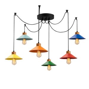 Plafonnier araignée 6 lampes Prismol Bois Naturel et Métal Multicolore