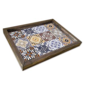 Plateau de table rectangle Caupona 30x40cm Pin massif foncé et Motif Carrelage mosaïque arabesque