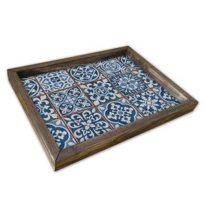 Plateau de table rectangle Caupona 30x40cm Pin massif foncé et Motif Grand carrelage Andalou