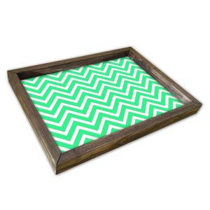 Plateau de table rectangle Caupona 30x40cm Pin massif foncé et Motif Zigzag Vert et Blanc