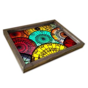 Plateau de table rectangle Caupona 30x40cm Pin massif foncé et Motif Parapluies Orientales