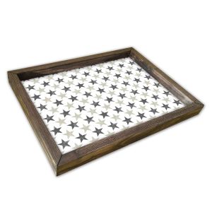 Plateau de table rectangle Caupona 30x40cm Pin massif foncé et Motif Étoiles Gris et Beige