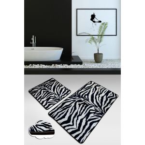 Set de 2 tapis de salle de bain rectangle Conrad Velours motif zébré Noir et Blanc