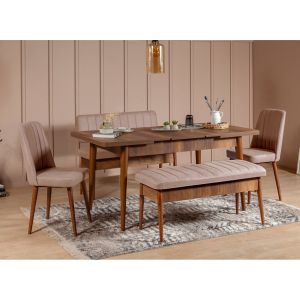 Set table extensible, 2 chaises, banc et banquette Malva Bois foncé et Tissu Beige