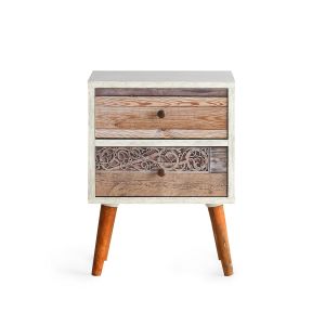 Table de chevet 1 tiroir Kana L40xH55cm Motif Planche en bois clair et Blanc