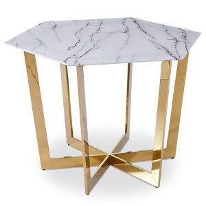 Table hexagonale 120cm Koujo Verre Effet marbre blanc et pied Métal Or