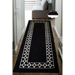 Tapis de couloir Akli 80x300cm Motif Cadre avec cercles Noir et Blanc