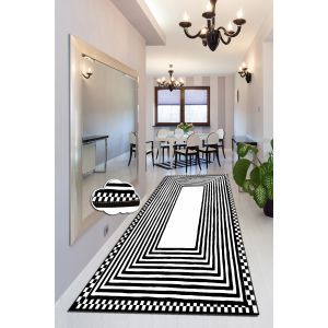 Tapis de couloir Meddur 80x200cm Velours Motif Rectangles Noir et Blanc